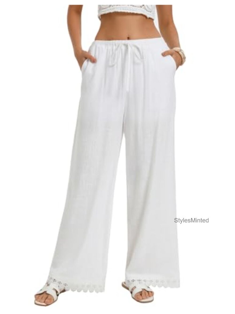 Women Linen Wide Leg Palazzo Pants High Waist Lace Hem Casual Trousers